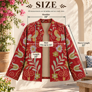 Veste en velours rouge brodée à la main |   Vêtements de créateur bohèmes Suzani floraux - Product Image 6