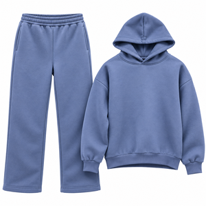 Ensemble de survêtement décontracté pour homme bleu poussière, comprenant un sweat à capuche uni et un pantalon de survêtement large, 2 pièces, style streetwear - Product Image 1
