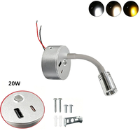Lampe de lecture flexible tricolore 12V 24V noire avec interrupteur tactile, intensité réglable, USB-A + Type C, lampe de cartographie à col de cygne