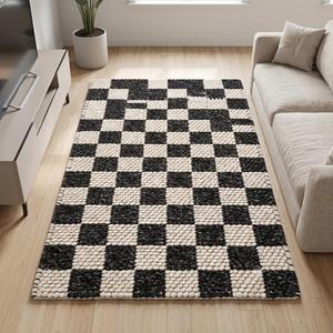 Handwoven Anti-Slip Medium Pile Wool <b>Rug</b>-<b>Black</b> <b>and</b> <b>Cream</b> Solid Color Modern Loop Pile Area <b>Rug</b> with Cotton Canvas Backing - Product Image 1