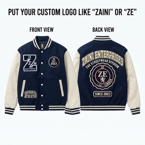 Chaqueta Varsity ZAINI de 400 GSM, Mezcla de Lana, Resistente al Viento, Color Azul Marino, Mangas en Contraste, Logotipo Bordado en Chenilla Personalizado, Cuello Alto - Product Image 1