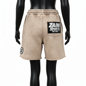 Shorts en molleton de coton premium 320 GSM, beige délavé, avec broderie de patch en chenille et logo personnalisé - Product Image 2