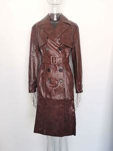 Manteau trench en cuir véritable gaufré marron coupe-vent avec ceinture, manches longues, col rabattu, veste d'automne pour femme - Product Image 5