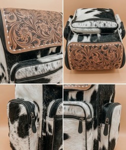 Hand Tooled Leather Diaper <b>Backpack</b> <b>Large</b> Capacity Travel Bag Floral Embossed Multi Functional Motherhood <b>Backpack</b> - Product Image 3