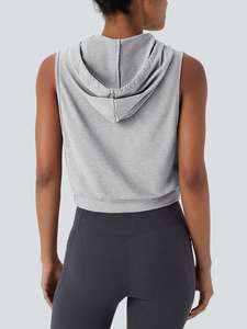 Top corto sin mangas con capucha y cordón ajustable, color gris moderno, camiseta de mujer de color sólido, personalizada, 100% algodón, ligera, deportiva, estilo muscle tank. - Product Image 2