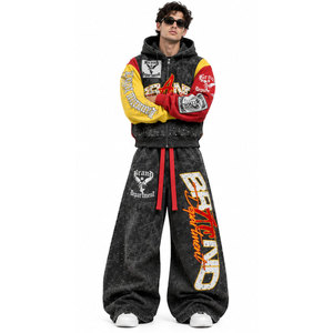 Survêtement à capuche de marque, coupe droite, style urbain, délavage acide, imprimé par sublimation, taille à cordon de serrage sur le côté - Product Image 5