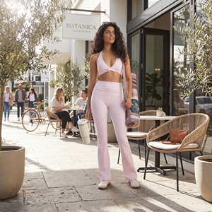 Women Solid Pink Sporty Activewear Set V-Neck Crop Top <b>Flare</b> <b>Leggings</b> Four-Way Stretch Quick Dry Lightweight Breathable Summer - Product Image 2