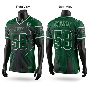 Maillot de football américain en polyester mesh premium 280 GSM, design vert et noir avec empiècements contrastés, numéros brodés, logo personnalisé - Product Image 1