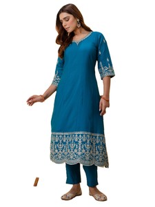 Women's Blue Silk Embroidered Salwar Kameez Set With Floral Dupatta Traditional Indian Pakistani Dress <b>Ankle</b>-Length Regular Fit - Product Image 2