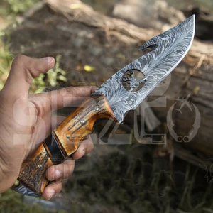 มีดล่าสัตว์เหล็กดามัสกัสแบบ OEM พร้อมด้ามเขาสัตว์  ใบมีดคงที่ สำหรับตั้งแคมป์ กิจกรรมกลางแจ้ง และพกพาประจำวัน พร้อมปลอกหนัง - Product Image 4