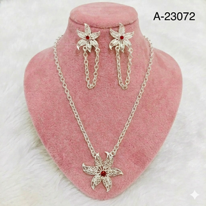 Women's Silver Plated Alloy Jewelry Set <b>Necklace</b> Earrings <b>Ruby</b> Flower Classic Wedding A-23453 - Product Image 6