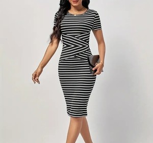 Striped Knitted Bodycon <b>Dress</b> O-Neck Short Sleeve Knee-Length Fitted Casual Daily Wear Spandex Polyester Mix - Product Image 1