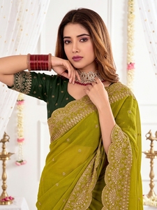 AARA Fashion Green Embroidered Silk Saree <b>Blouse</b> for Women Wedding Traditional Floor Length Regular Fit Sun Protection India - Product Image 5