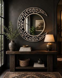 Miroir mural en forme de lune avec incrustation d'os fait main, design floral noir et blanc, cadre en bois décoratif pour la décoration de la maison - Product Image 3