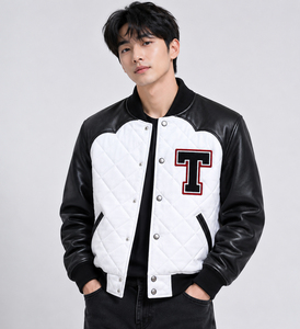 Veste varsity matelassée blanche pour homme, écologique, avec broderie sur le devant, manches en cuir PU noir, coupe-vent, respirante, style preppy - Product Image 3