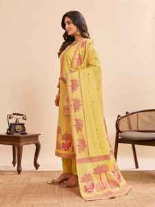 <b>Women</b> Traditional Cotton <b>Kurta</b> Pant Dupatta Set With Hand Drawn Print Yellow Color Regular Fit Casual Wear India <b>Kurta</b> Set - Product Image 5