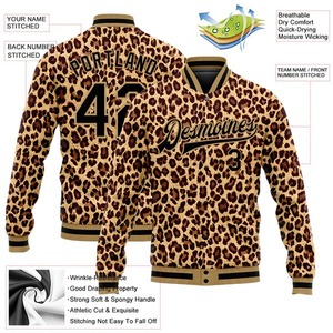 Custom Sublimation Uniform Brown Black <b>Old</b> Gold Leopard 3D Pattern Bomber Varsity Letterman <b>Jacket</b> Full Snap Team Outerwear - Product Image 2