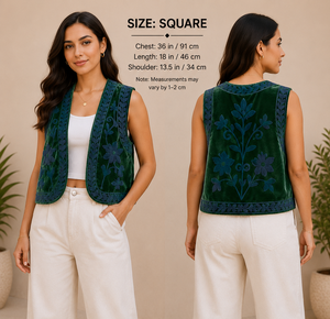 Nueva llegada: Chaleco vintage de terciopelo bordado floral estilo Suzani Kantha, chaqueta corta india para mujer con logo frontal y cuello en V. - Product Image 1