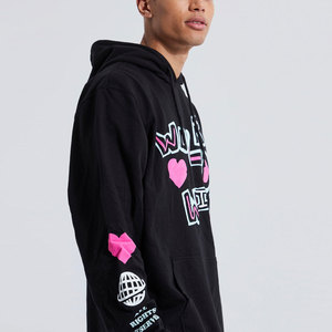 Sudadera con Capucha Estampada con Corazones, Resistente al Viento, para Hombre, Estilo Urbano, Oversize, Negra, de Algodón 300g, con Bolsillos - Product Image 3