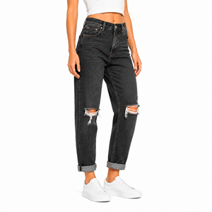 Jeans de Mujer de Cintura Alta, Estilo Boyfriend, Rectos, Desgastados, de Mezclilla, Corte Holgado, Largura al Tobillo, Color Sólido, Estilo Casual Urbano - Product Image 1