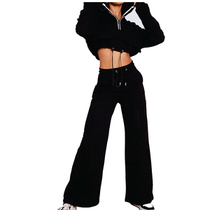 2026 Wholesale Women's Beige <b>Cropped</b> <b>Zip</b>-<b>Up</b> Tracksuit Set Full Sleeve Solid Color Knitted Casual Sweatshirt Pants Winter Wear - Product Image 1