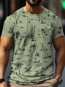 Camiseta de Hombre Verde Oliva con Estampado de Palmeras y Veleros, Manga Corta, Cuello Redondo, Corte Regular, Informal, Tejida - Product Image 4