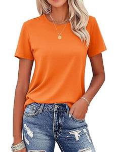 T-shirt à manches courtes col rond orange pour femme, couleur unie, jersey décontracté en coton, haut pour le printemps et l'été - Product Image 1