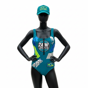 Traje de Baño Premium para Mujer, Secado Rápido, Poliéster y Spandex, Color Azul Turquesa con Paneles en Bloques de Color, Cierre con Cremallera, Logotipo Personalizado, Ajuste para Mujer - Product Image 1