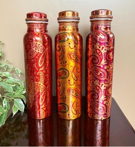 Bouteille d'eau en cuivre ayurvédique, imprimé floral, bouteille à boire en métal vintage avec couvercle, pour la salle de sport, cadeau, voyage, accessoires de boisson - Product Image 5