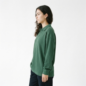 Women Long Sleeve Waffle <b>Polo</b> <b>Shirt</b> Loose Fit Drop Shoulder Button Turn Collar <b>Polo</b> Tee Casual 100%Cotton Baggy Waffle <b>Polo</b> Tee - Product Image 4