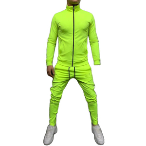 Conjunto Deportivo para Hombre en Verde Neón, Chaqueta con Cierre Completo y Cuello Alto, Corte Deportivo, Ligero, Spandex y Poliéster, Color Sólido, Bolsillos Laterales, Ropa Casual - Product Image 1