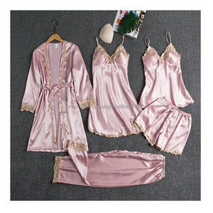 Vente en gros de chemise de nuit en satin 5 pièces grande taille pour femmes vêtements de nuit sexy costume avec dentelle pyjama en soie douce respirante courte longueur - Product Image 4