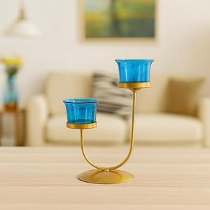 Porte-bougie double en verre bleu avec support en métal doré, décoration d'intérieur - Product Image 1