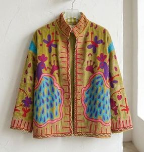 Women's Vintage Hand Embroidered Quilted Cotton Jacket Mandarin Collar Full Sleeve Floral Winter Autumn Outerwear <b>Coat</b> - Product Image 5