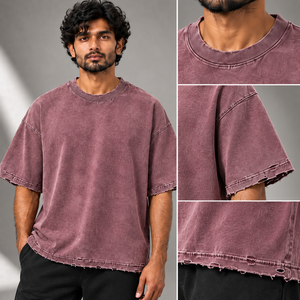 Maßgefertigtes Schwergewichtiges Baumwoll-T-Shirt für Herren Übergroß Gewaschen Distressed Saum Drop-Shoulder Rundhals Entspannter Streetwear-Schnitt Täglicher Stil - Product Image 3