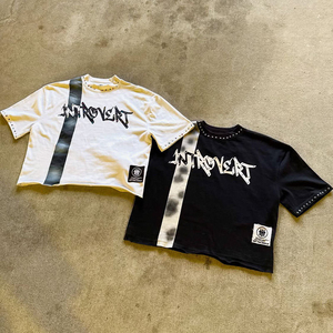 Mens Introvert Graphic T Shirt Oversized Streetwear Studded Tee Vintage Wash Distressed <b>Hip</b> Hop Casual Urban Fashion Top - Product Image 1