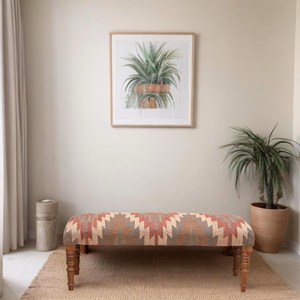 Premium Handmade Kilim Jute Upholstered <b>Bench</b> Indian Wool Rug <b>Wooden</b> Ottoman Seat for Bedroom Living Room - Product Image 2
