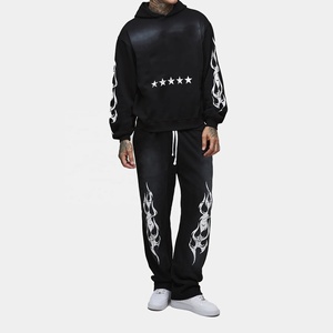 Conjunto Deportivo Informal de Moda, Diseño Sólido con Efecto Desgastado, Sudadera con Capucha y Pantalones Jogger, 100% Algodón - Product Image 1