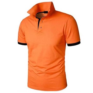 Polo à manches courtes pour homme, couleur unie orange, style décontracté, tricoté, avec col et poignets noirs. - Product Image 2