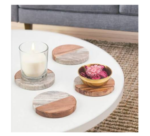 Ensemble de sous-verres ronds en bois, design moderne, tapis et dessous de verre antidérapants, sous-verres en marbre blanc personnalisables - Product Image 1