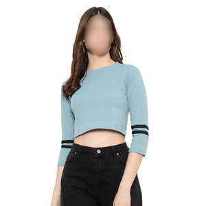 Haut court chic à col rond et manches rayées, en coton mélangé respirant, côtelé, minimaliste, à manches longues, style streetwear pour femme - Product Image 1