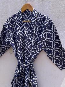 Bata Kimono de Algodón para Mujer, Azul con Estampado de Bloques, Hecha a Mano, Estilo Boho, para Descansar, Dormir o Regalo - Product Image 3
