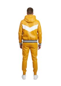 Ensemble de survêtement pour homme en cuir jaune premium avec design à rayures blanches contrastées et pantalon de jogging fuselé - Product Image 4