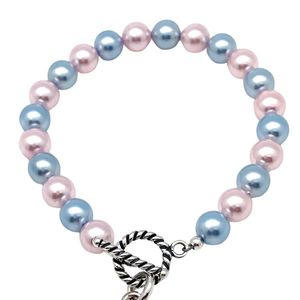 Pink Blue Pearl <b>Beaded</b> Charm <b>Bracelet</b> with <b>Silver</b> Round Engraved Medallion Toggle Clasp Elegant Fashion Jewelry for Women - Product Image 4