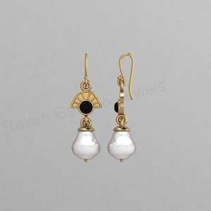 Boucles d'oreilles pendantes Art Déco en or 18 carats et argent 925, onyx noir et perle d'eau douce, serties clos, faites à la main, best-seller, cadeau pour femme - Product Image 1