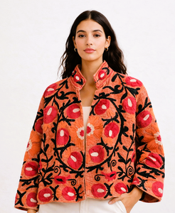 Orange Velvet Bomber <b>Jacket</b> With Hand Embroidered Floral Pattern Stand Collar Zipper Closure Full Sleeve Women's Autumn <b>Jacket</b> - Product Image 3