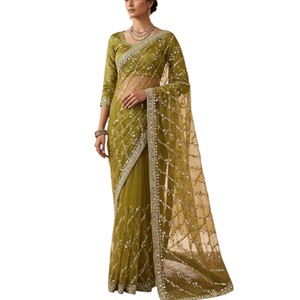 Sari en soie verte brodé pour femme, tenue de mariage traditionnelle, longueur au sol, coupe classique, style Inde Pakistan - Product Image 5