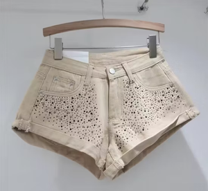 Shorts de Mezclilla con Lentejuelas de Cintura Alta para Mujer, Color Caramelo, Casuales, Transpirables, de Algodón Lavado - Product Image 6