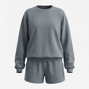 Conjunto de 2 Piezas para Mujer, Sudadera y Pantalones Cortos de Punto, Cuello Redondo, Corte Holgado, Color Sólido, Casual, para Todas las Temporadas, Largo por Encima de la Rodilla - Product Image 1