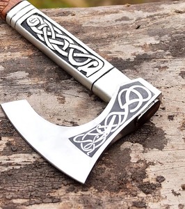 Handmade Carbon Steel Viking Battle <b>Axe</b> Head <b>Wood</b> Handle Leather Sheath Engraved 5 Cutting Edge 3Lb Weight for Camping DIY Gift - Product Image 2